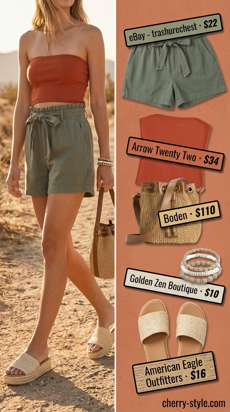 Terracotta knit summer tube top outfits for women 2026 with olive green paperbag shorts and straw bucket bag.
