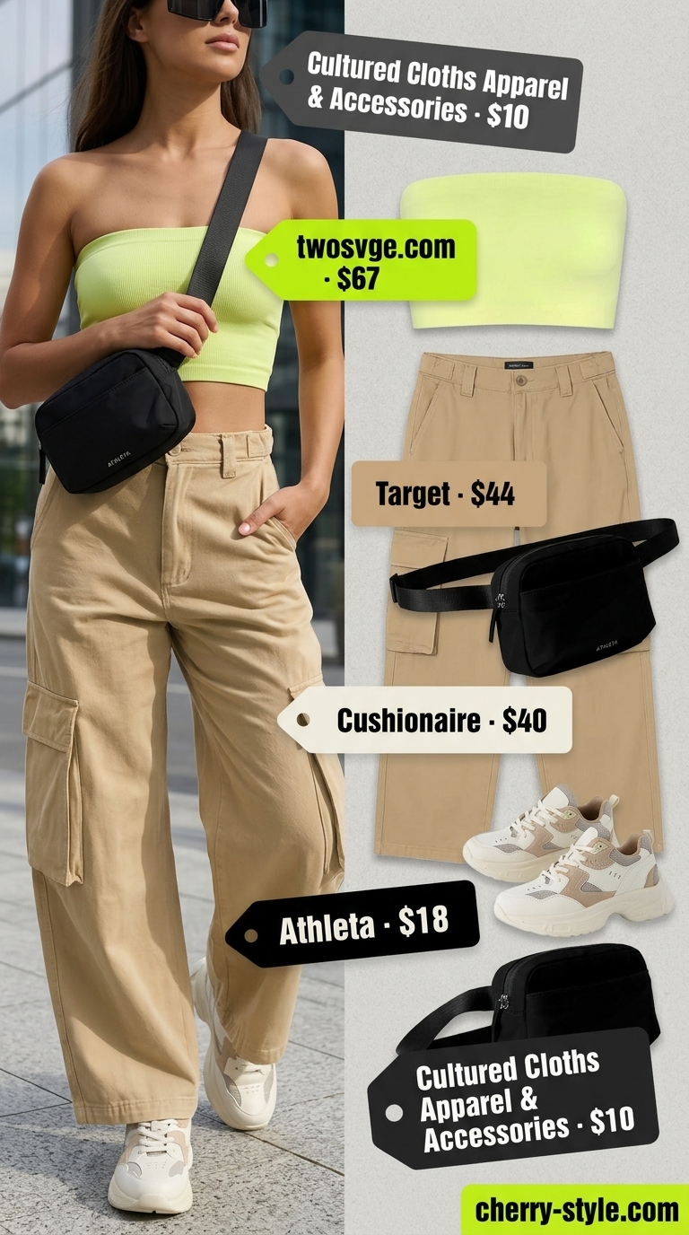 Knit summer tube top outfits for women 2026: Lime green tube top with khaki cargo pants, sneakers, and belt bag for city exploration.
