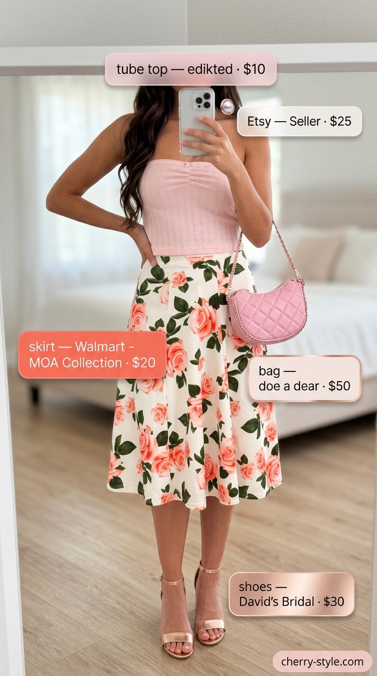 Knit summer tube top outfits for women 2026: Pink tube top with floral midi skirt, block heels, and mini shoulder bag for garden party.