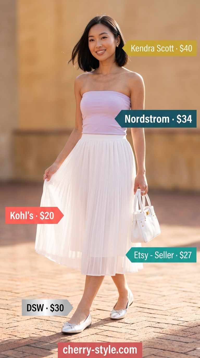 Knit summer tube top outfits for women 2026: Lavender tube top with pleated midi skirt, ballet flats, and mini top-handle bag for brunch.