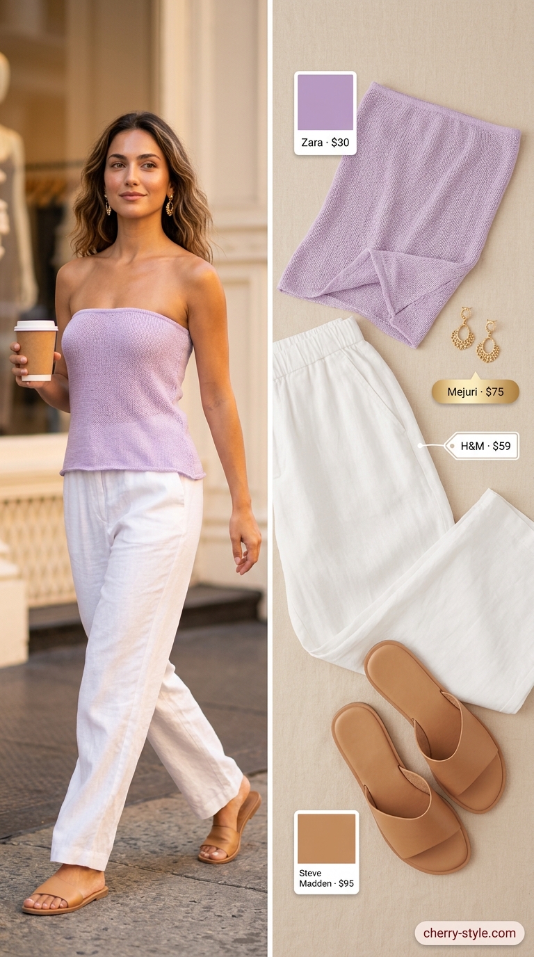 Lavender knit summer tube top outfits for women 2026 with white tiered maxi skirt and espadrille sandals.