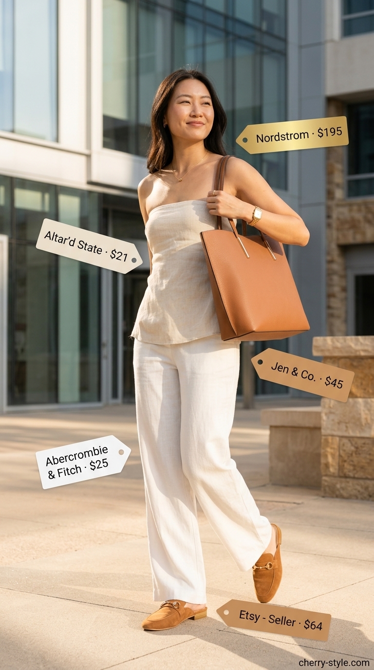 Knit summer tube top outfits for women 2026: Beige tube top with linen pants, flat mules, and tote bag for office casual.