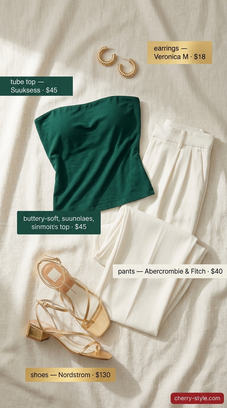 Emerald green knit summer tube top outfits for women 2026 with ivory wide-leg trousers and gold sandals.