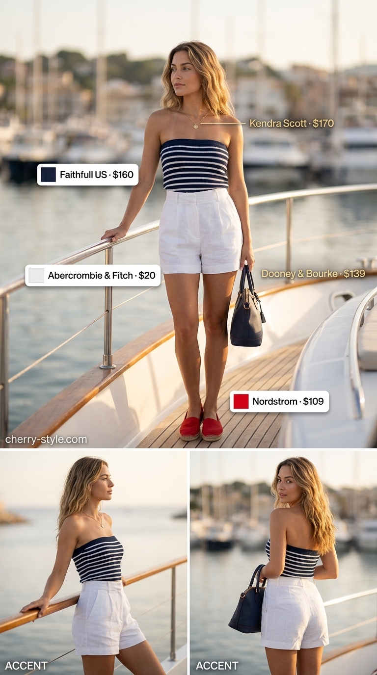 Navy and white stripe knit summer tube top outfits for women 2026 with white linen shorts and espadrille wedges.
