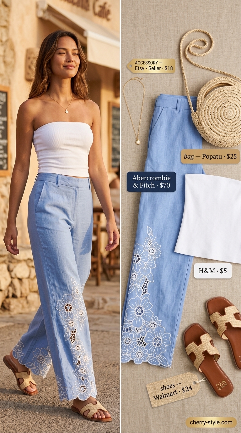 White knit summer tube top outfits for women 2026 with sky blue wide-leg pants and straw bag.