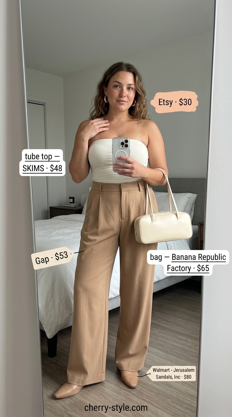 Knit summer tube top outfits for women 2026: Ivory tube top with camel wide-leg trousers, pointed mules, and gold earrings for evening.