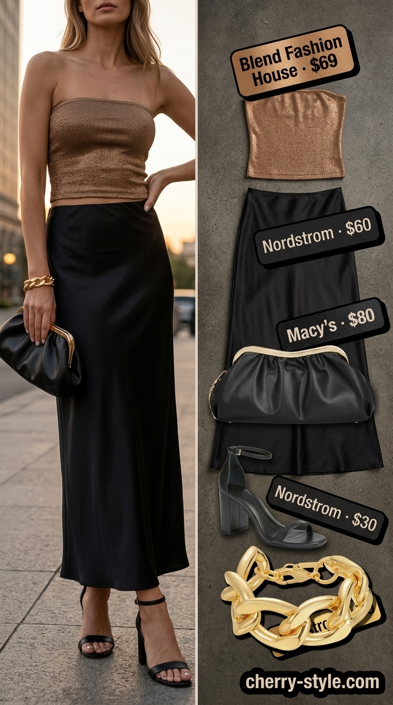 Bronze knit summer tube top outfits for women 2026 with black satin maxi skirt and gold jewelry.