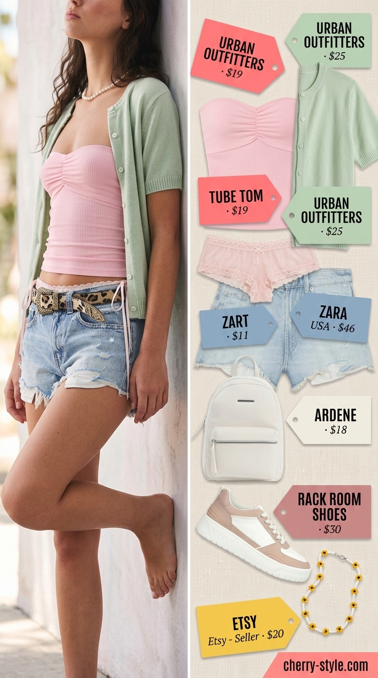 Baby pink knit summer tube top outfits for women 2026 with light wash denim shorts and platform sneakers.