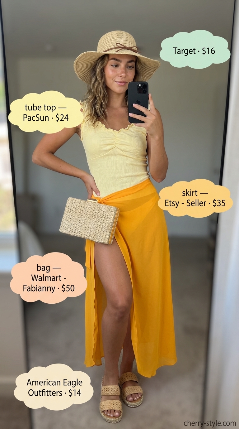 Knit summer tube top outfits for women 2026: Yellow tube top with matching sarong skirt, straw hat, and raffia sandals for vacation.