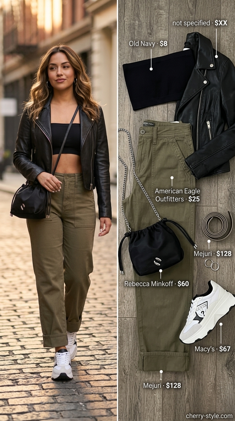Knit summer tube top outfits for women 2026: Black tube top with khaki cargo pants, chunky sneakers, and silver bag for urban exploration.