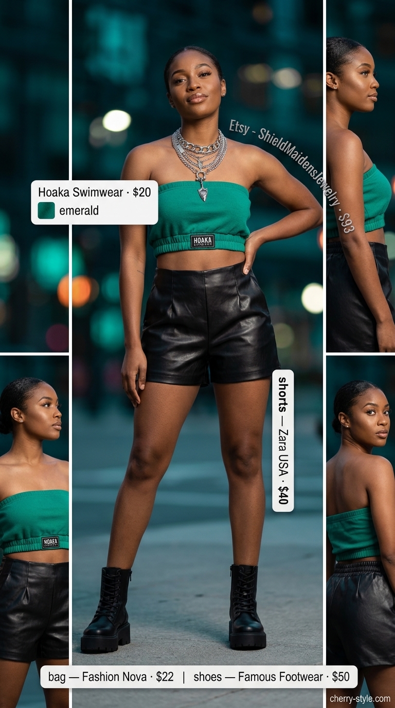 Bright green knit summer tube top outfits for women 2026 with black faux leather shorts and silver jewelry.