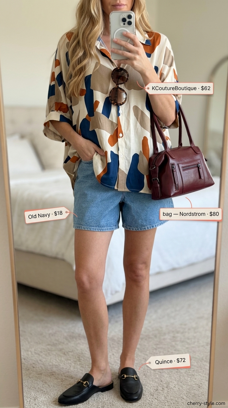 Abstract Art Walk outfit: Light wash denim shorts, abstract print shirt, burgundy bag, tortoise sunglasses.