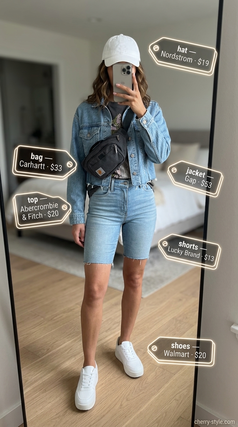 Athleisure Avenue outfit: Light wash denim biker shorts, oversized graphic tee, cropped denim jacket, sneakers.