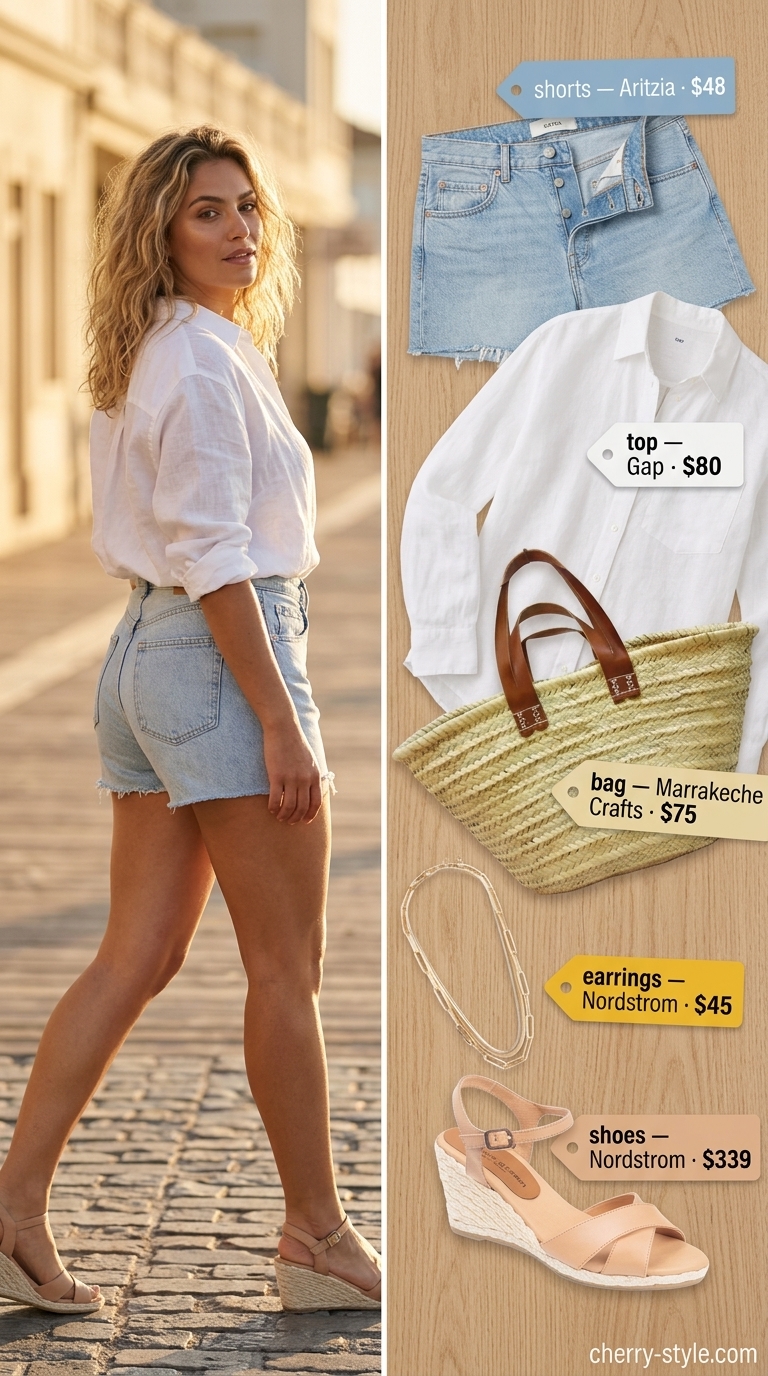 Effortless boardwalk breeze outfit with high-waisted light wash denim shorts, oversized white linen shirt, and espadrille wedges.