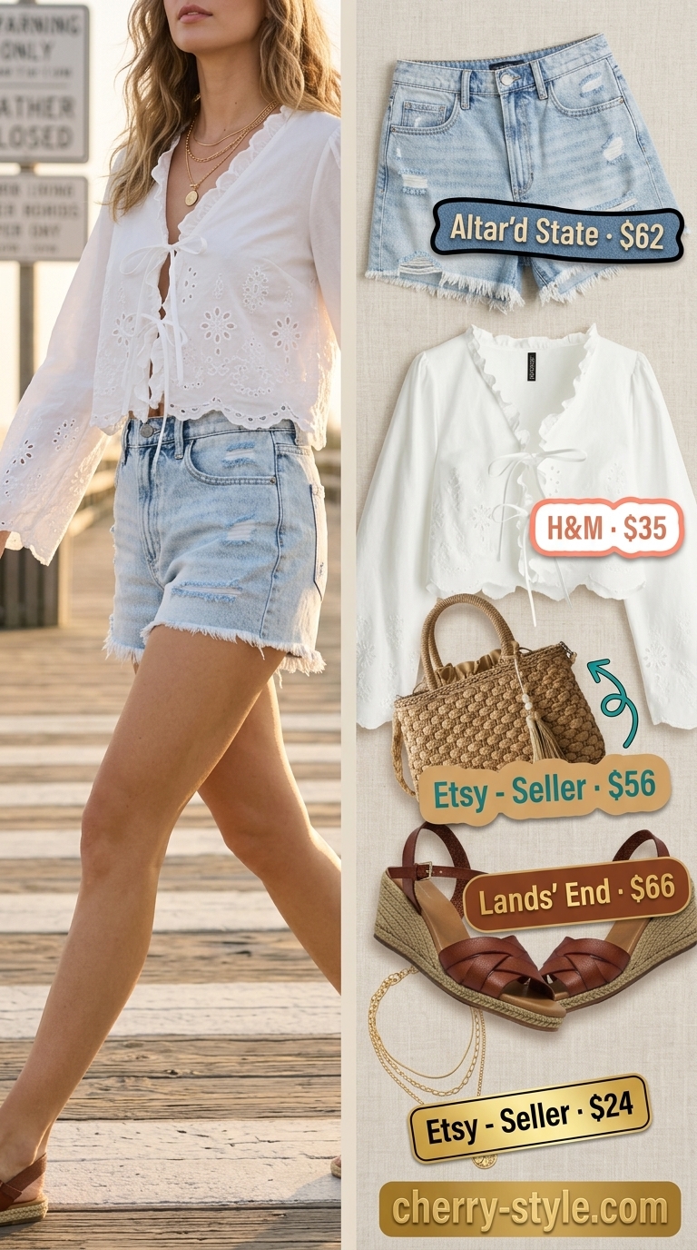 Bohemian Coastal Escape outfit: Light wash distressed shorts, embroidered blouse, straw bag, espadrilles.
