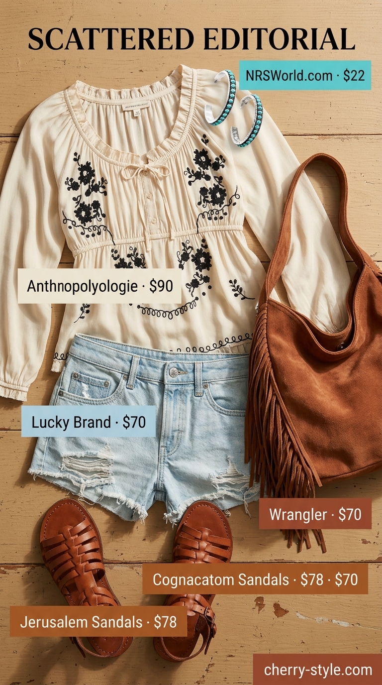 Boho beach day outfit with light wash denim shorts for women 2026 and an embroidered peasant blouse.