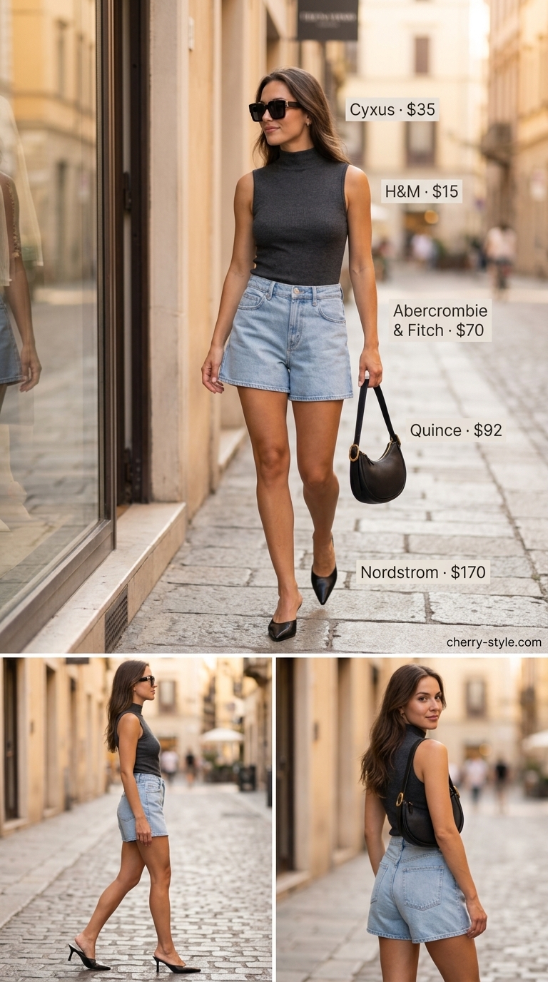 Sophisticated city break outfit with light wash summer denim shorts for women 2026, black knit top, and mules.