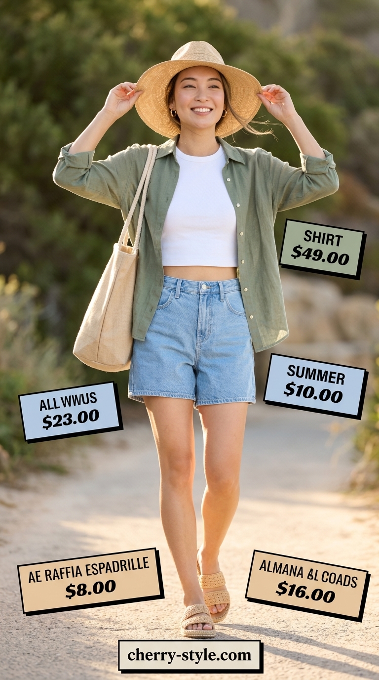 Relaxed Coastal Getaway outfit: Light wash relaxed shorts, linen shirt, straw hat, canvas tote.