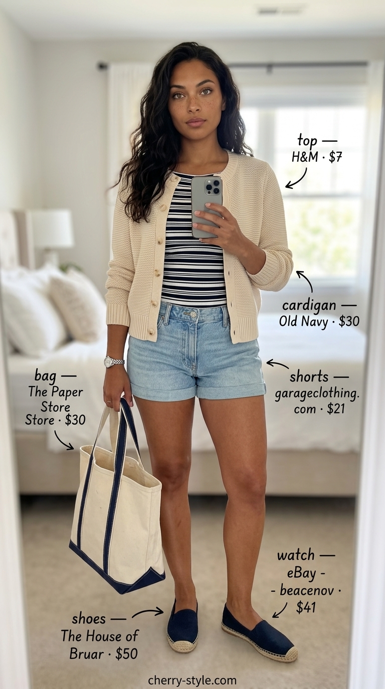 Classic coastal prep outfit with light wash denim shorts, navy striped tee, beige cardigan, and espadrille flats.