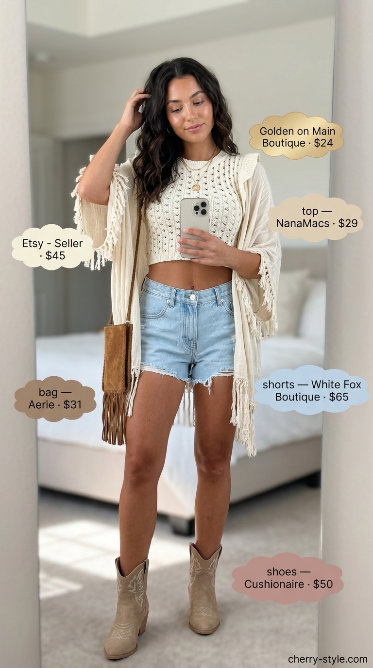 Boho festival outfit with distressed light wash denim shorts, crochet top, fringe kimono, and suede ankle boots.