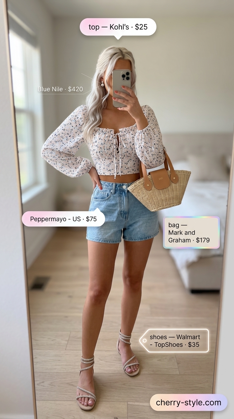 Charming garden party outfit with A-line light wash denim shorts, floral off-the-shoulder top, and wicker basket bag.