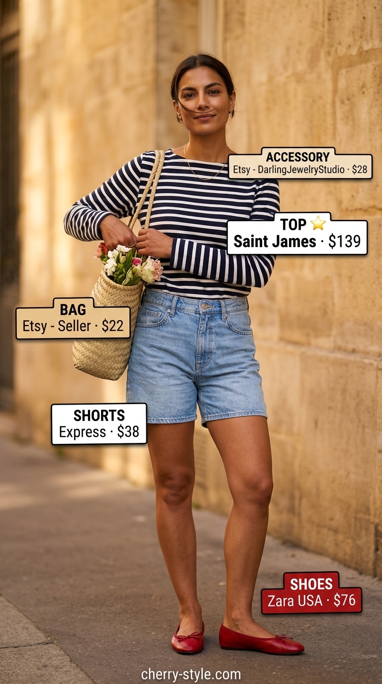 Effortless Parisian summer outfit with light wash slim-fit denim shorts, Breton stripe tee, and red ballet flats.