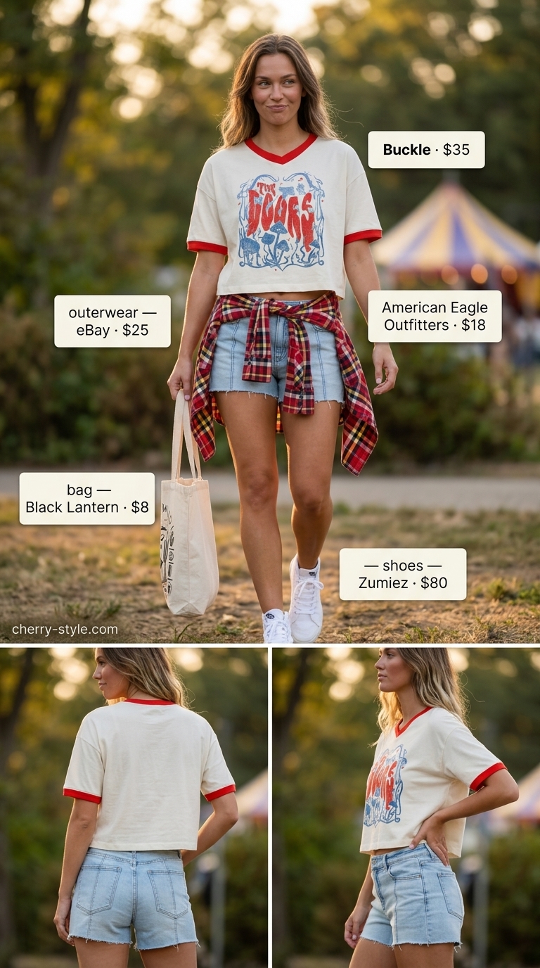 Retro summer festival outfit with light wash denim shorts for women 2026 and a graphic t-shirt.