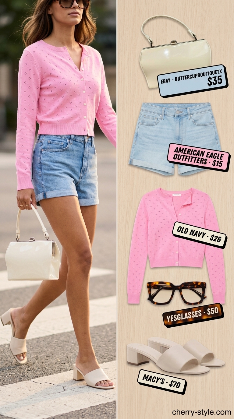 Sweet retro summer outfit with light wash denim shorts for women 2026 and a pink knit cardigan.