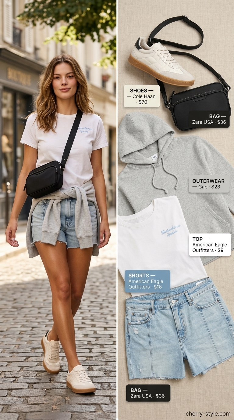 Sporty summer brunch outfit with light wash denim shorts, grey hoodie tied at waist, white graphic tee, and sneakers.