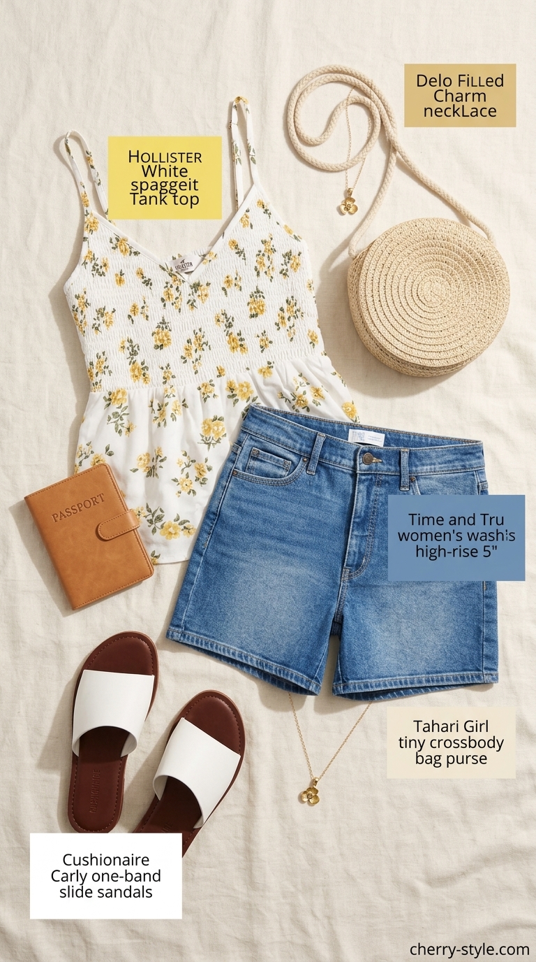 Sweet summer rendezvous outfit with light wash denim shorts for women 2026 and a floral crop top.