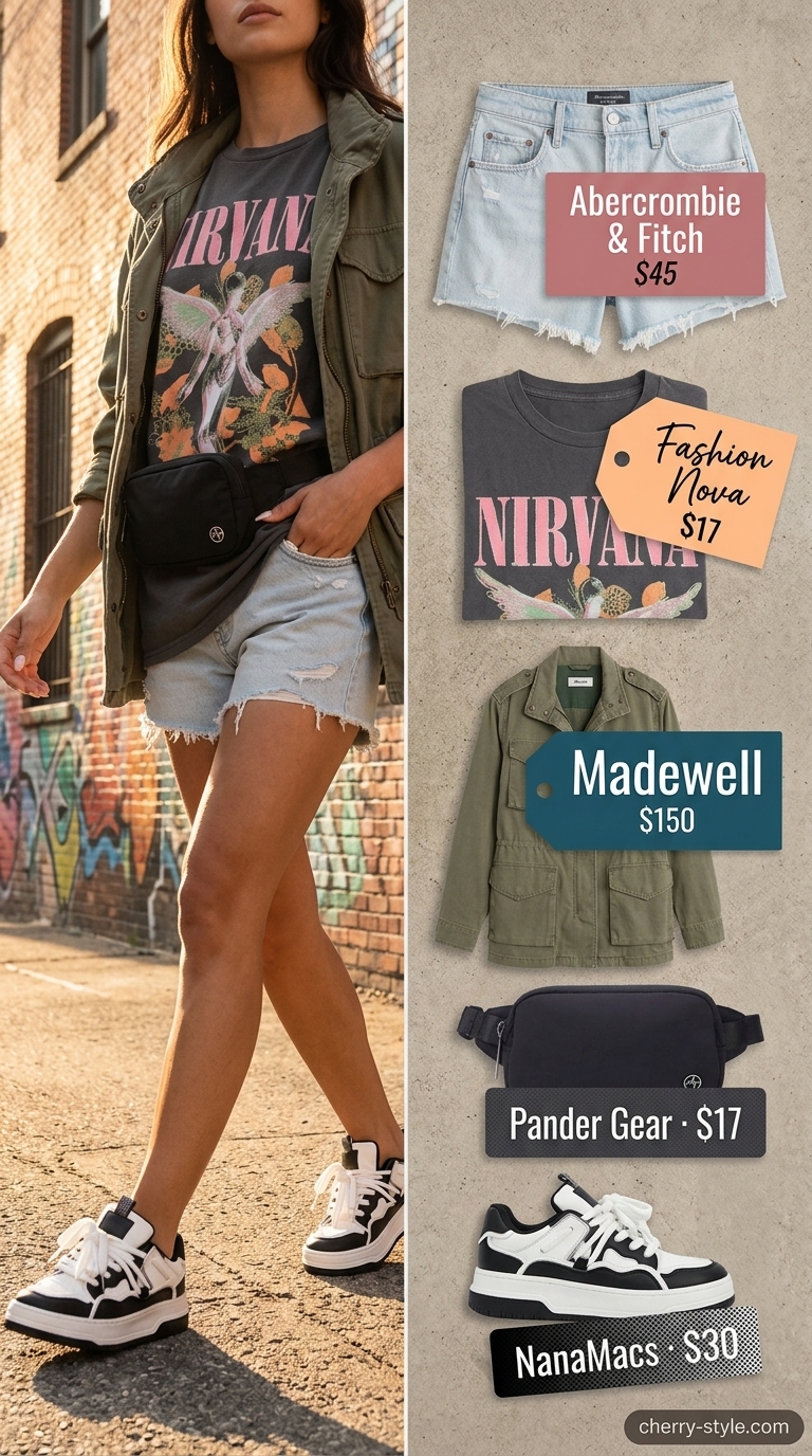 Urban edge summer nights outfit with light wash denim shorts for women 2026 and a graphic band tee.