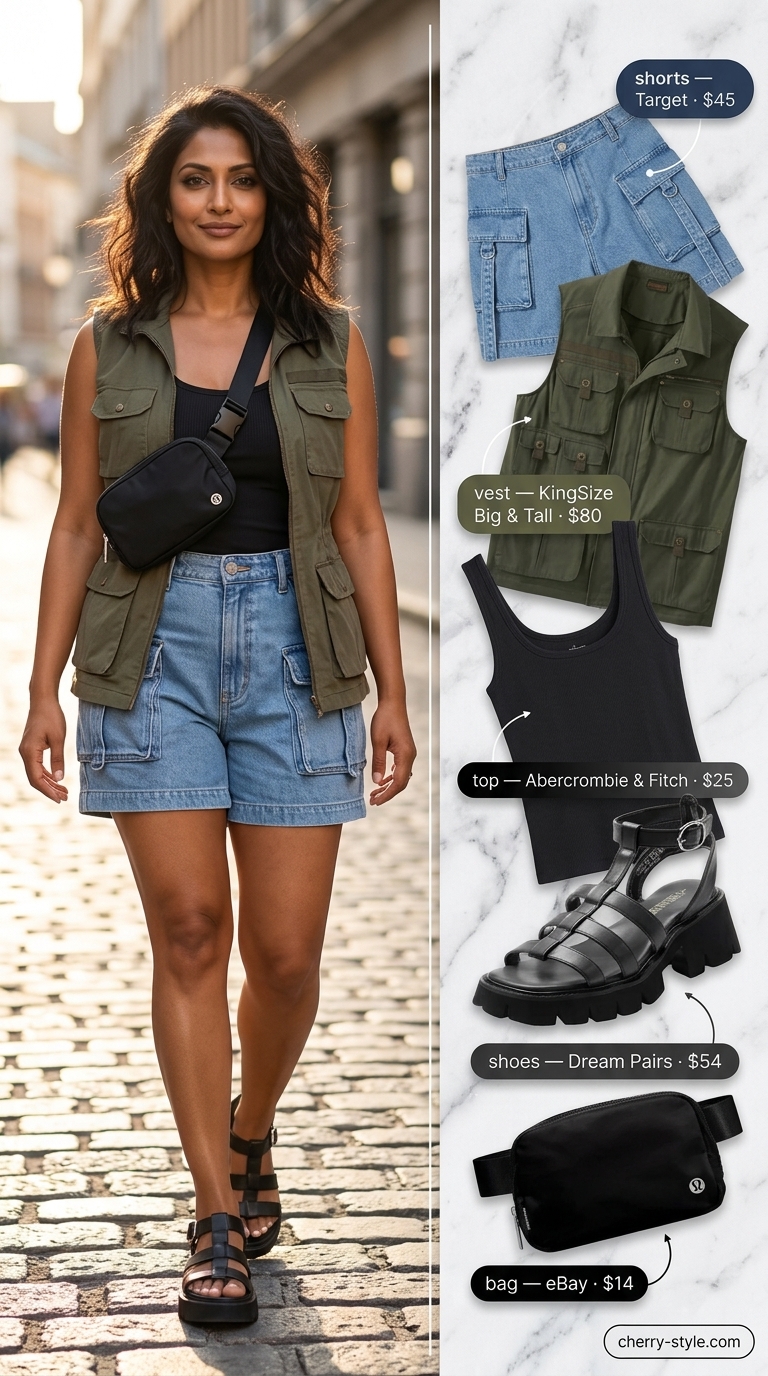 Urban explorer outfit with light wash cargo denim shorts, black tank, utility vest, and chunky platform sandals.