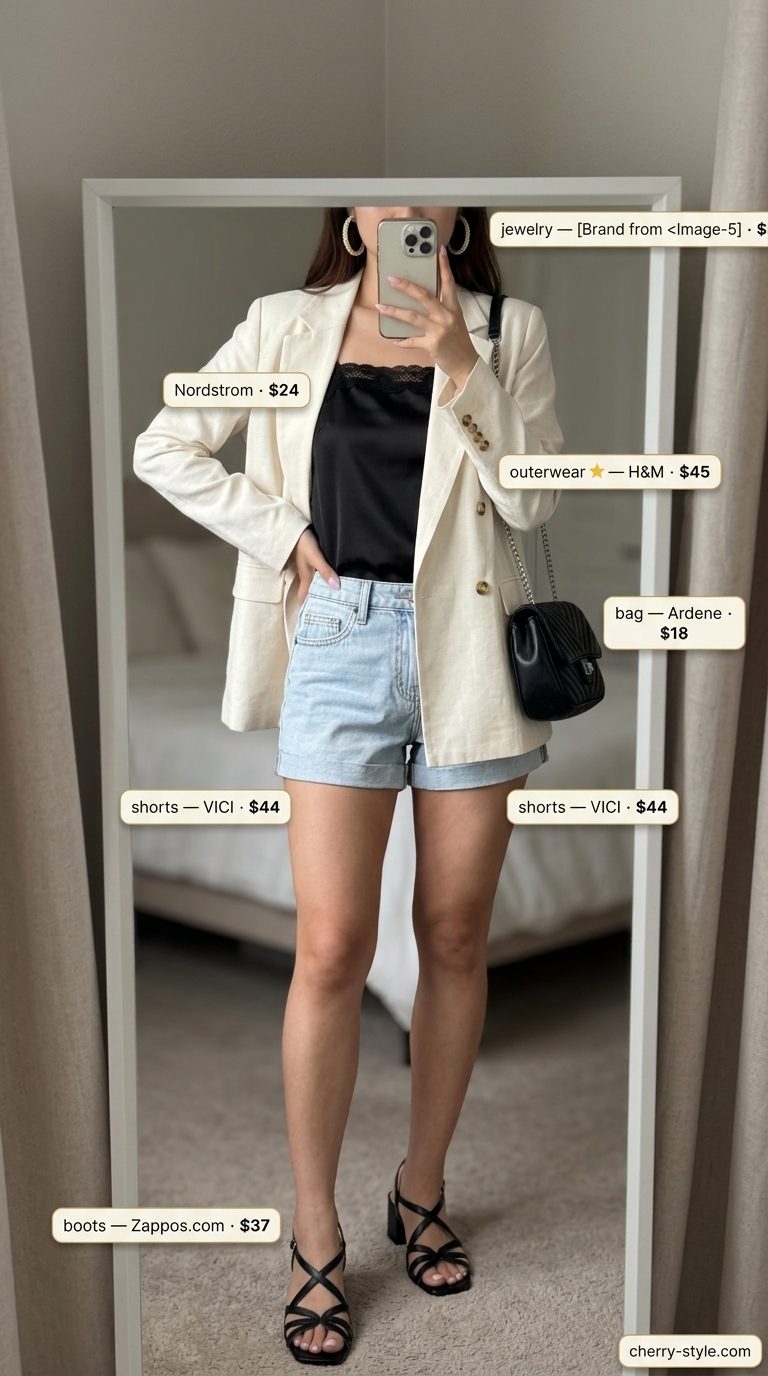 Urban Summer Night outfit: Light wash denim shorts, black cami, ivory blazer, gold hoops. Perfect for date night.