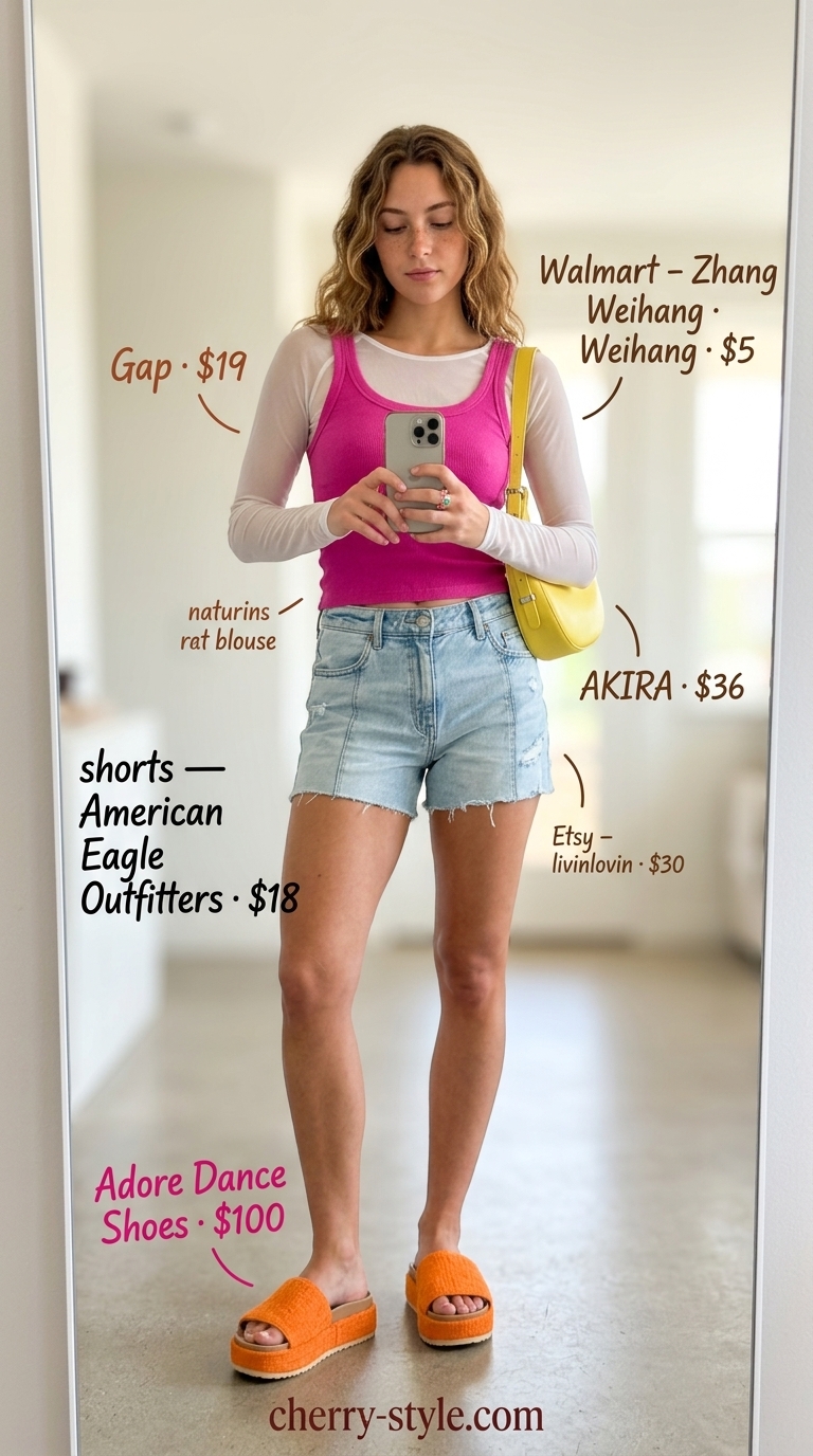 Playful vibrant summer outfit with high-waisted light wash denim shorts, fuchsia tank top, sheer mesh top, and colorful slides.