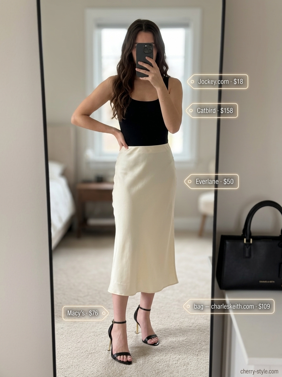 Minimal layer hot summer outfits 2026: Beige satin midi skirt, black tank, and strappy heels for chic evening wear.