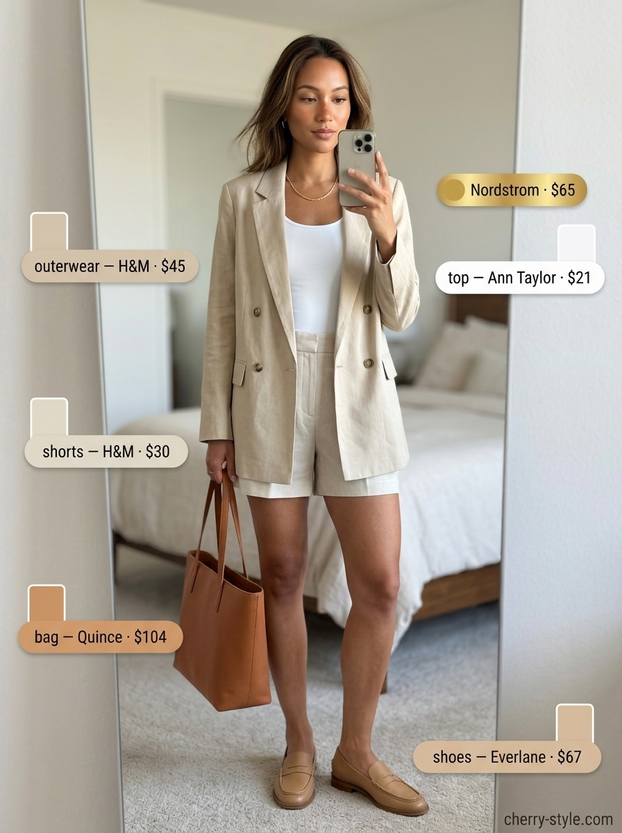 Minimal layer hot summer outfits 2026: Light beige shorts suit with white knit top and loafers for smart casual.