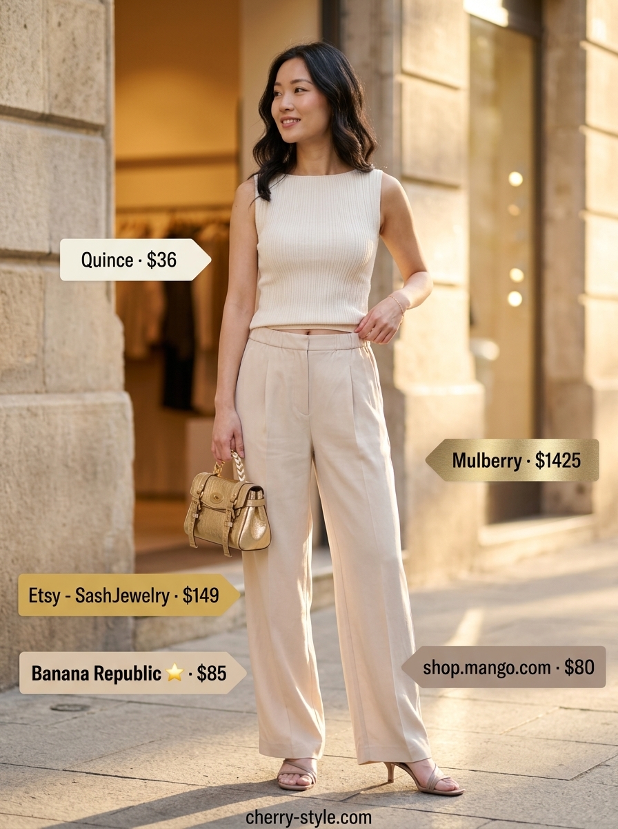 Minimal layer hot summer outfits 2026: Beige wide-leg trousers and cream tank for smart casual.