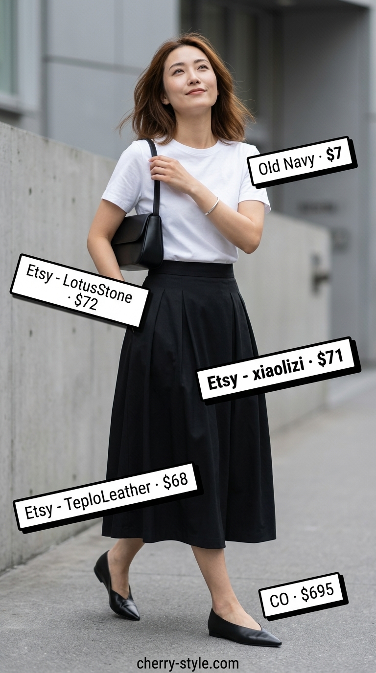 Minimal layer hot summer outfits 2026: Black structured skirt with white tee and ballet flats.