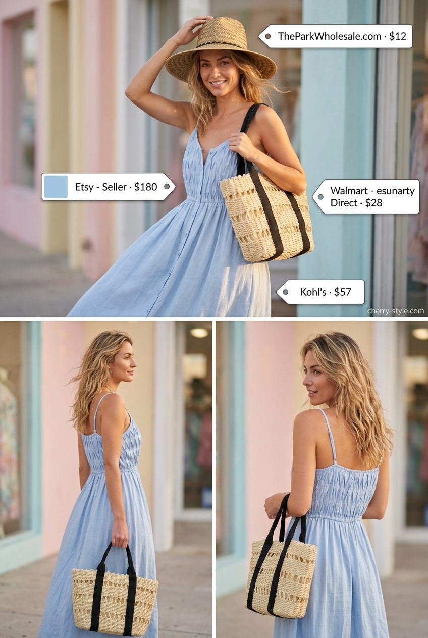 Minimal layer hot summer outfits 2026: Sky blue maxi dress with straw hat and espadrilles.