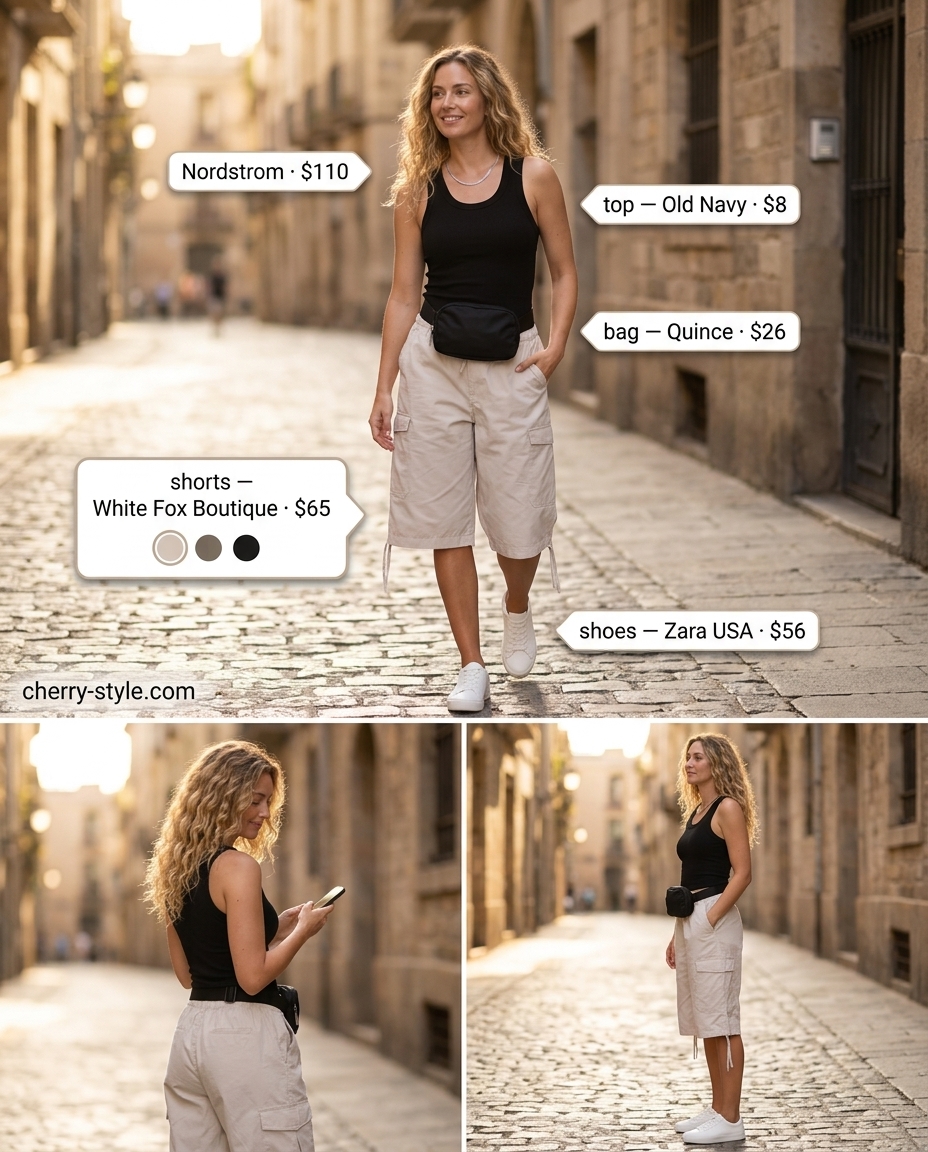 Minimal layer hot summer outfits 2026: Stone cargo shorts, white tank, black belt bag, silver necklace.