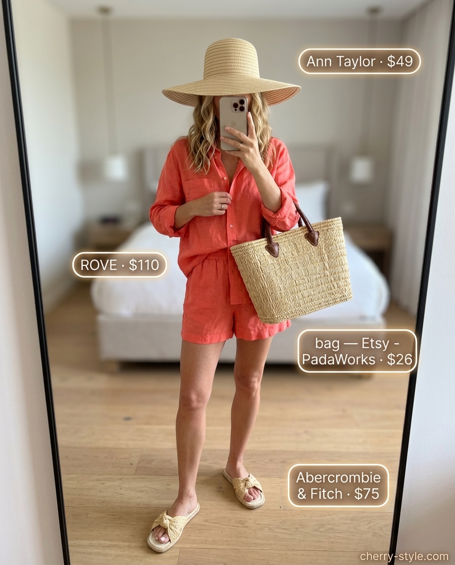 Minimal layer hot summer outfits 2026: Soft coral linen shorts set with espadrilles and straw hat for beach vacation.
