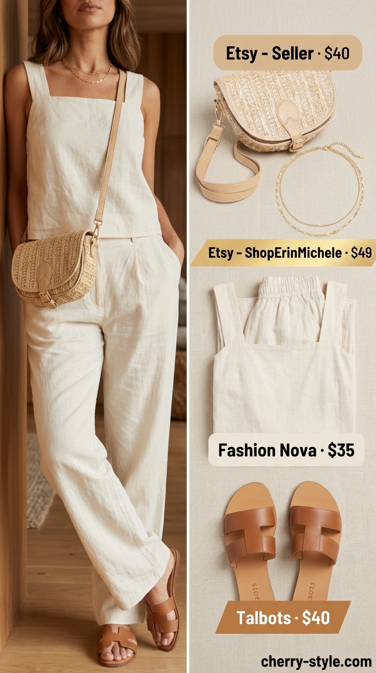Minimal layer hot summer outfits 2026: Cream linen set with flat slides and straw bag for beach vacation.
