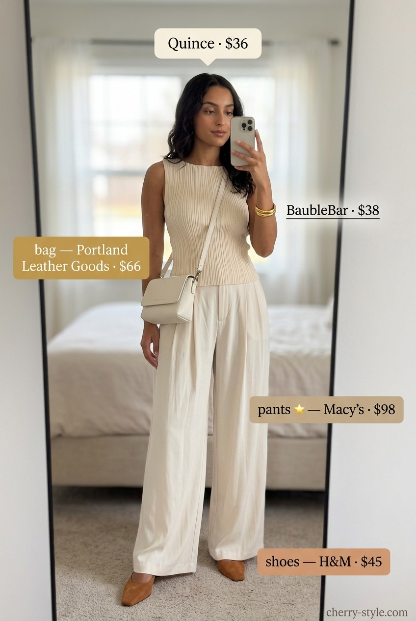 Minimal layer hot summer outfits 2026: Cream wide-leg trousers and sleeveless top with beige mules.