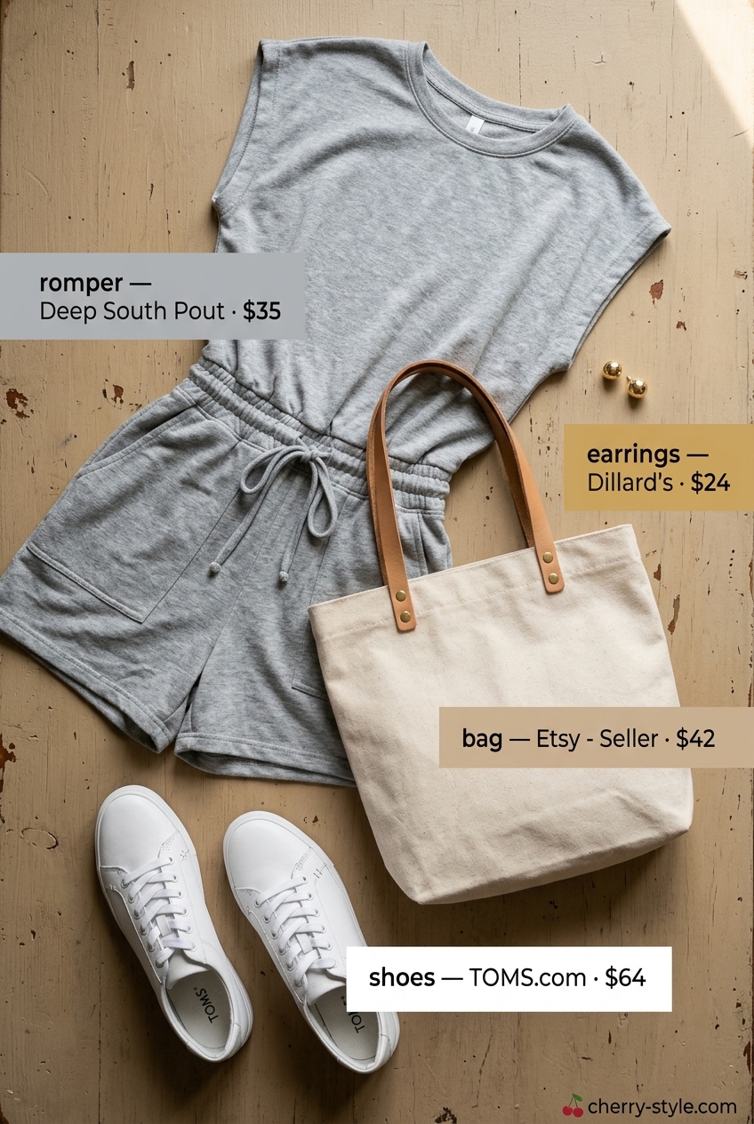 Minimal layer hot summer outfits 2026: Grey knit romper with white sneakers and gold earrings for casual day.
