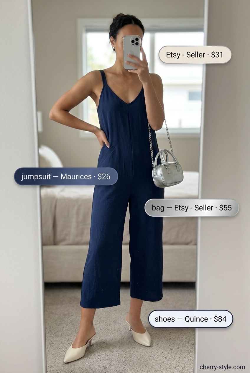 Minimal layer hot summer outfits 2026: Navy wide-leg jumpsuit, cream mules, silver bag and earrings.
