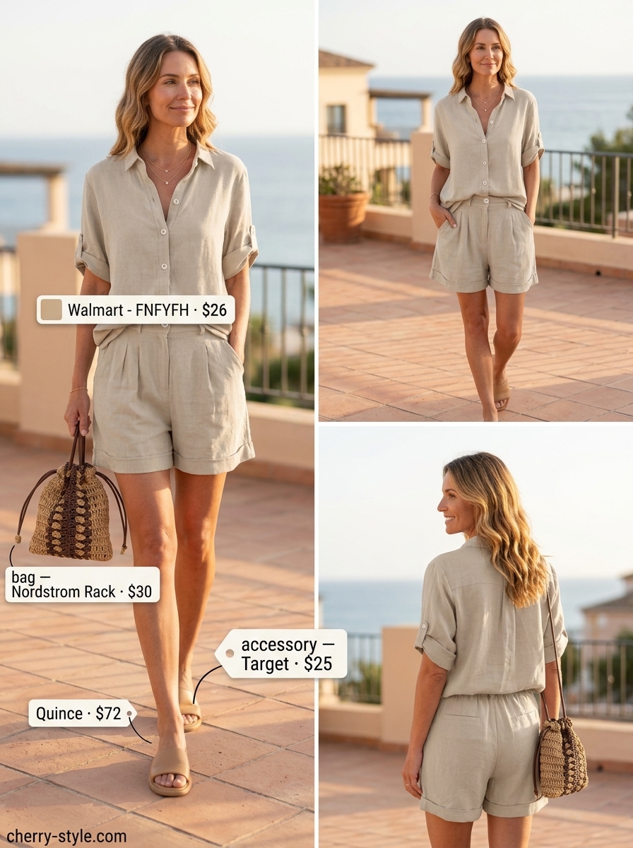 Minimal layer hot summer outfits 2026: Cream linen co-ord, tan slides, gold necklaces, straw bag.