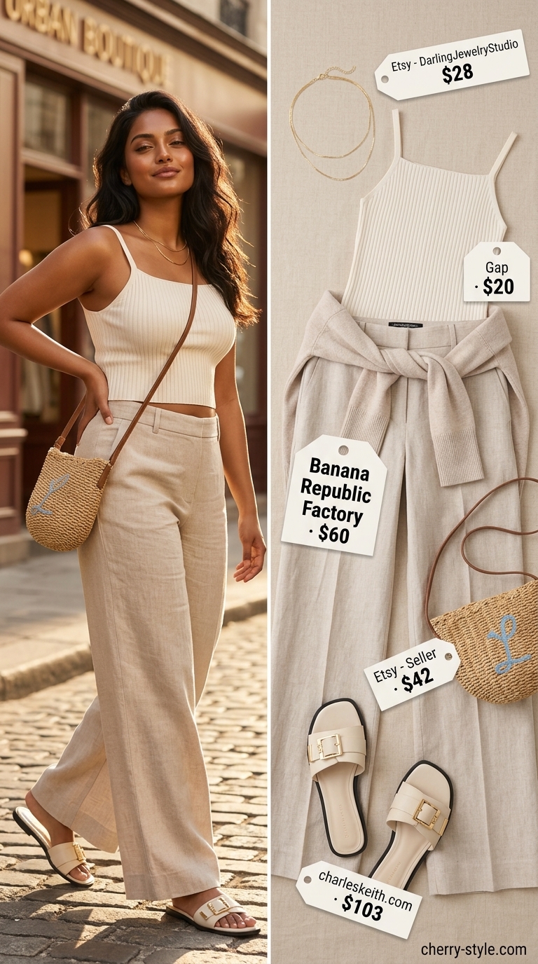 Minimal layer hot summer outfits 2026: Cream linen pants, off-white tank, and beige slides for beach vacation or brunch.