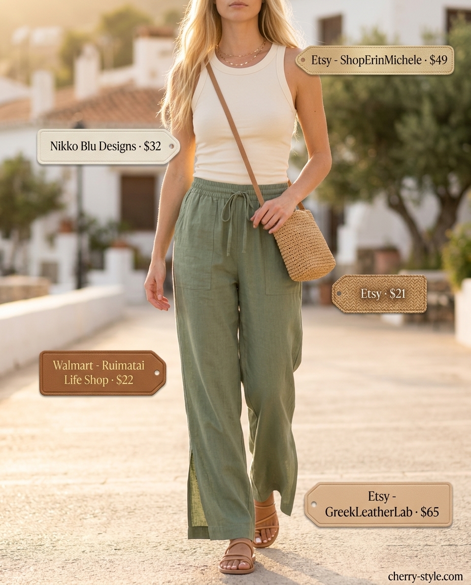 Minimal layer hot summer outfits 2026: Sage linen pants, cream tank, straw bag, tan sandals.