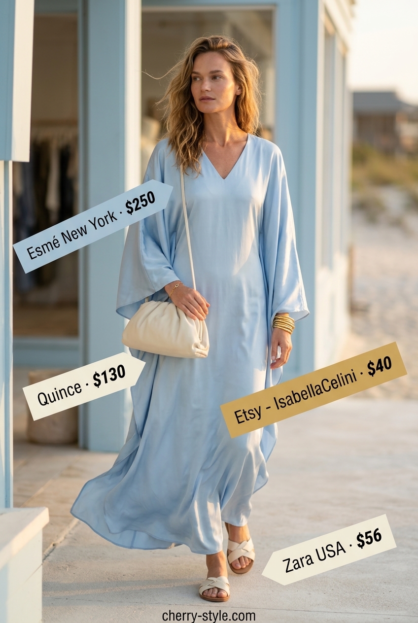 Minimal layer hot summer outfits 2026: Pale blue maxi caftan, white slides, gold bangles, and clutch.
