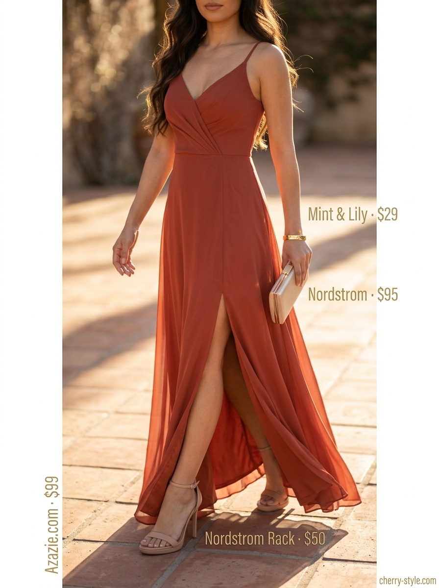 Minimal layer hot summer outfits 2026: Terracotta maxi dress, nude heels, gold cuff, champagne clutch.
